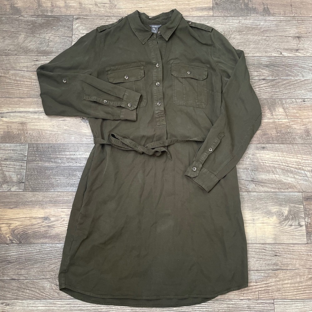 Eddie Bauer Women Olive Green Tencel Lyocell Utility Shirt Dress 12‎ 21708183